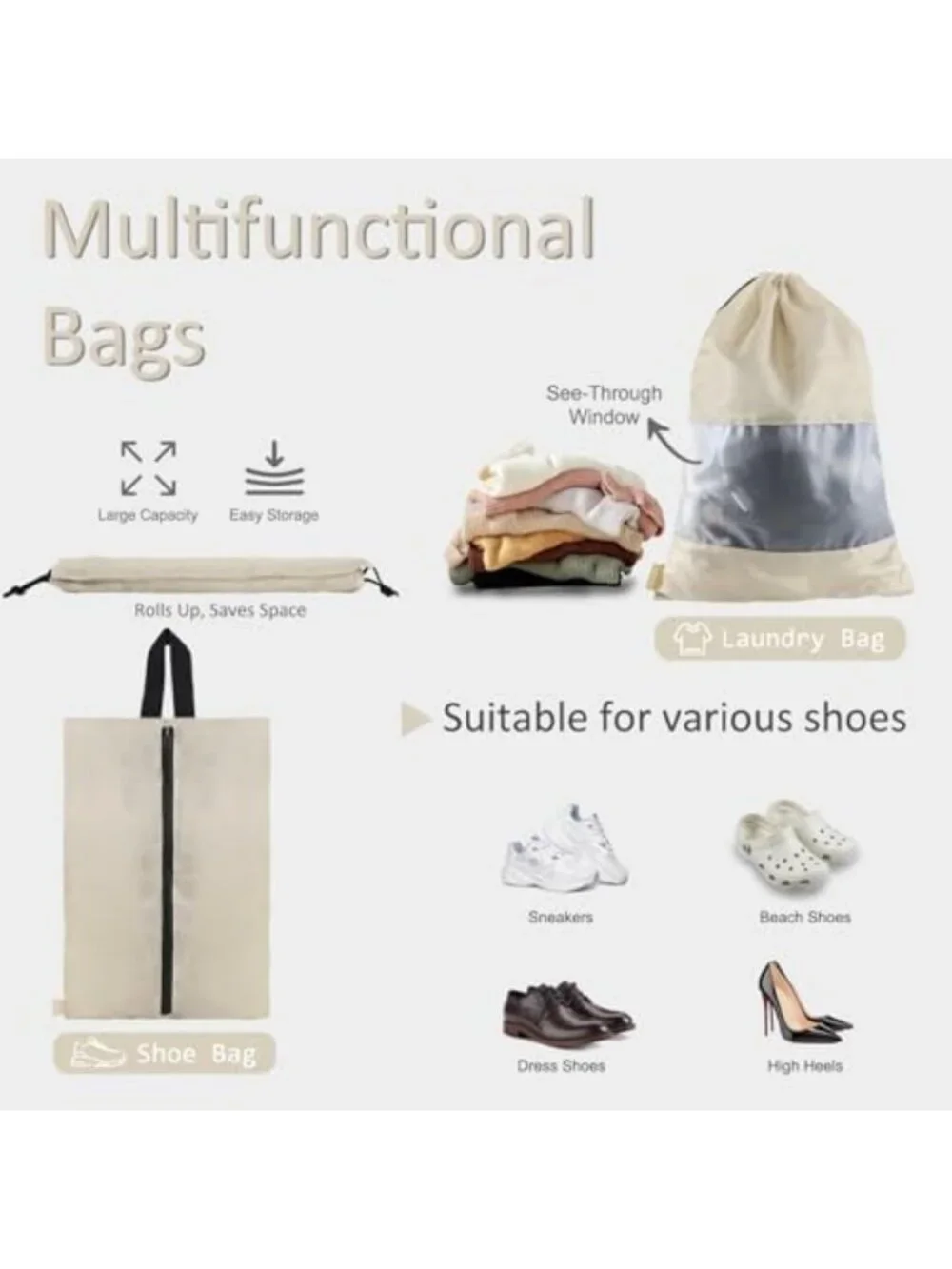 5 Set Packing Cubes & Travel Organizers with Shoe Bag - Cream Color, Lightweight